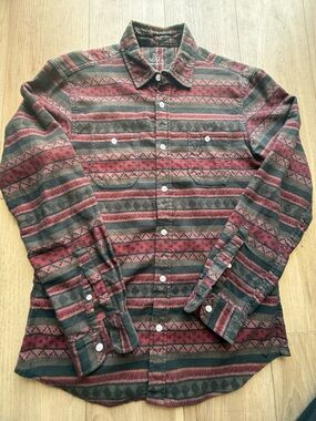 JT Men’s Long-Sleeve Button-Down Shirt in Burgundy and Olive Stripe
